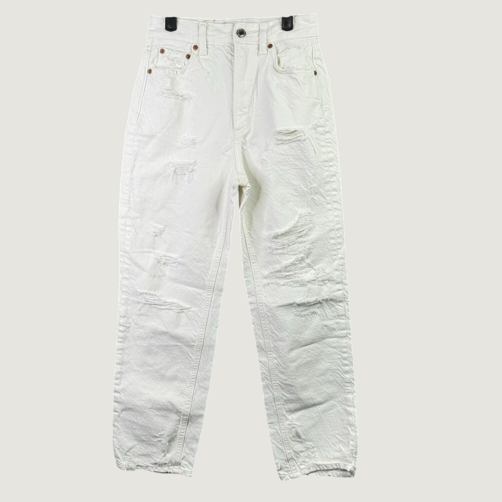Zara The Pepper Mom Jeans Size 0 White Distressed High Waisted Streetwear Grunge